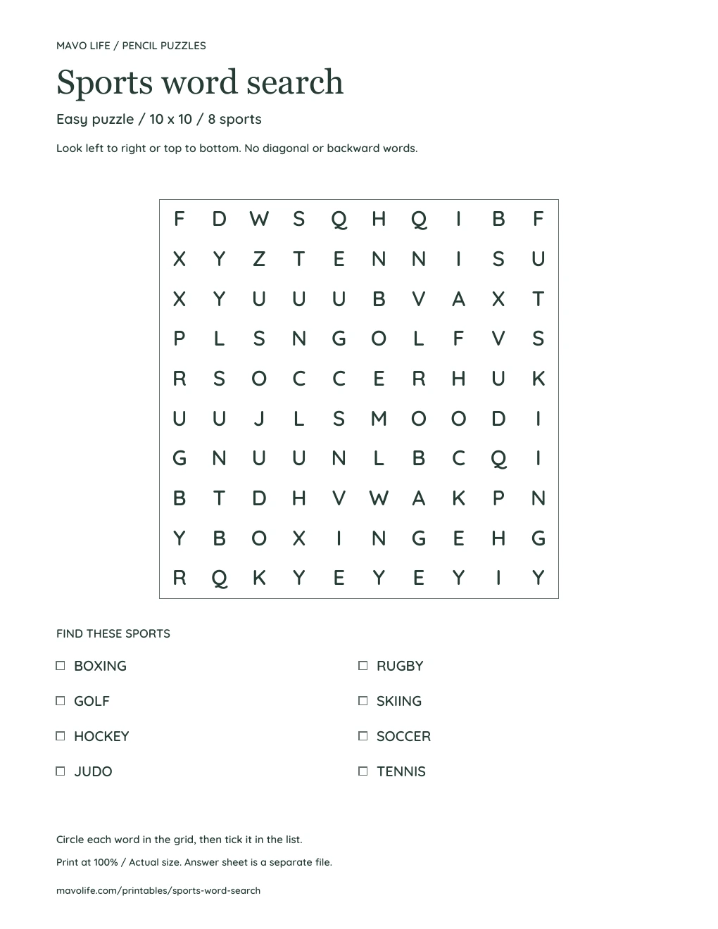 Ten by ten original sports letter grid with printed direction rules and a 8-word checklist below.