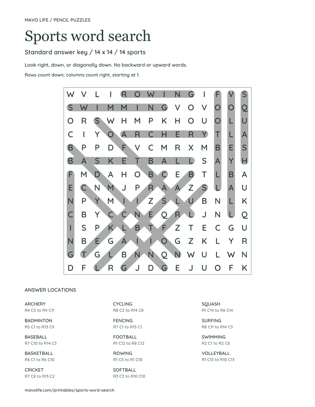 standard sports answer key with shaded word paths and start/end row and column coordinates for every sport.