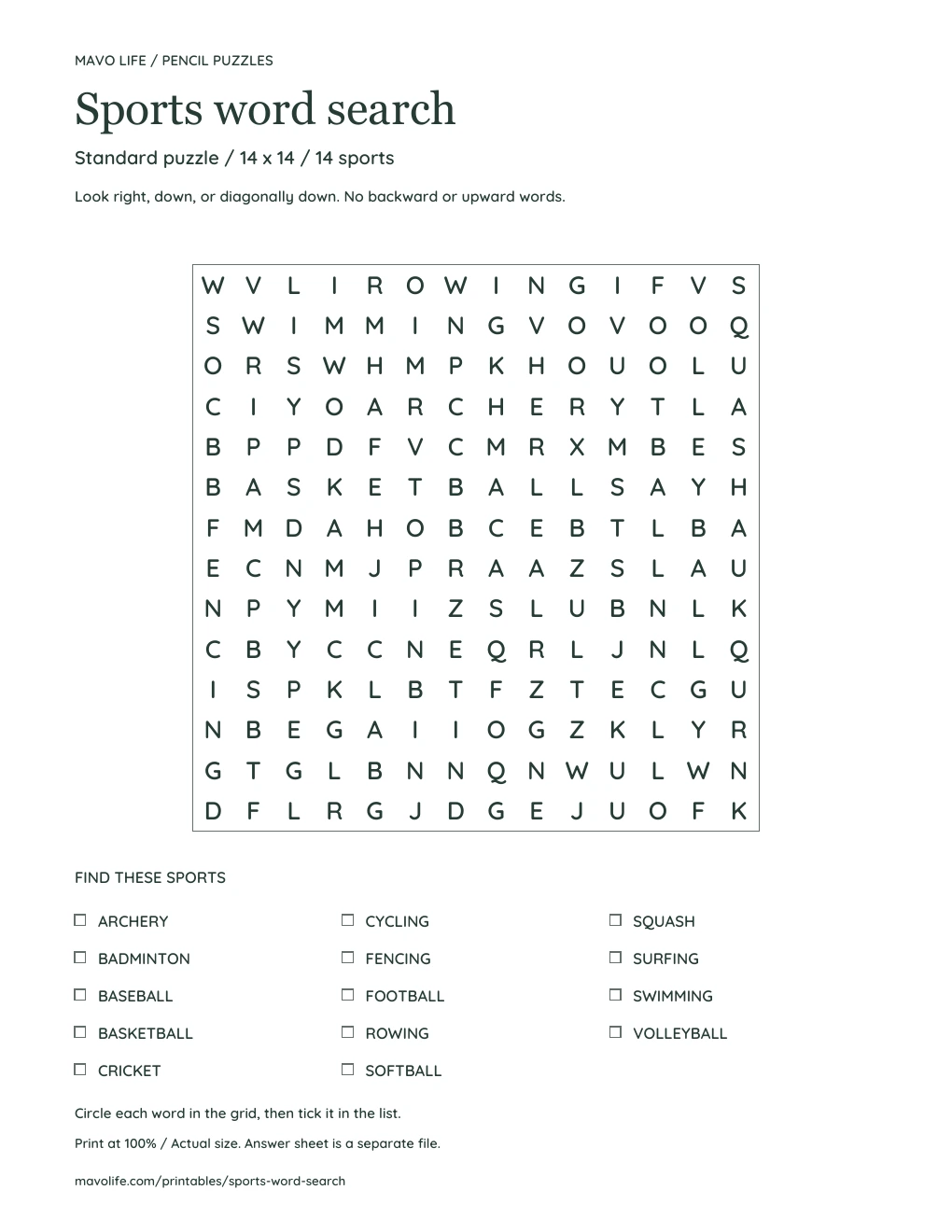 Fourteen by fourteen original sports letter grid with printed direction rules and a 14-word checklist below.