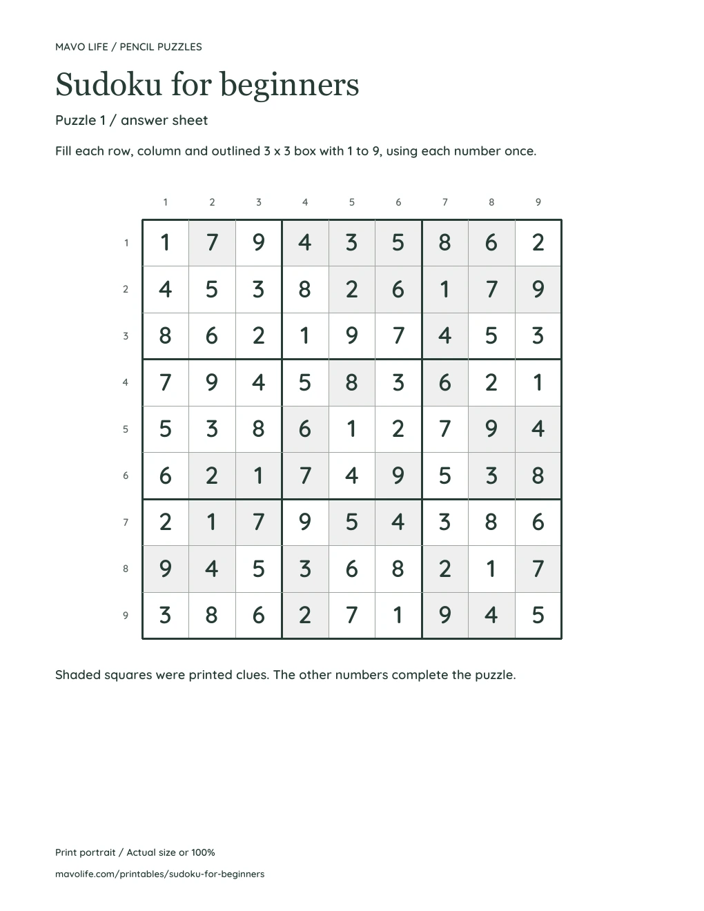 Actual complete answer sheet for puzzle 1, with all 81 numbers and the original clues shaded.