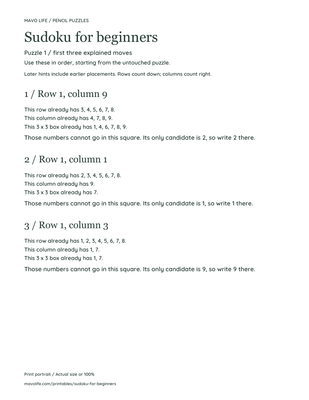 Actual puzzle 1 hint page, with three named squares and the row, column and box exclusions that explain each placement.