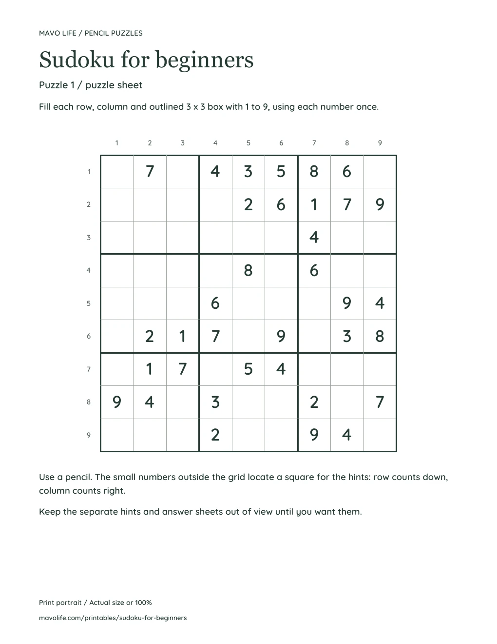 Actual puzzle 1 sheet: a nine by nine Sudoku grid with 35 clues, bold three by three box boundaries and outside row and column numbers.