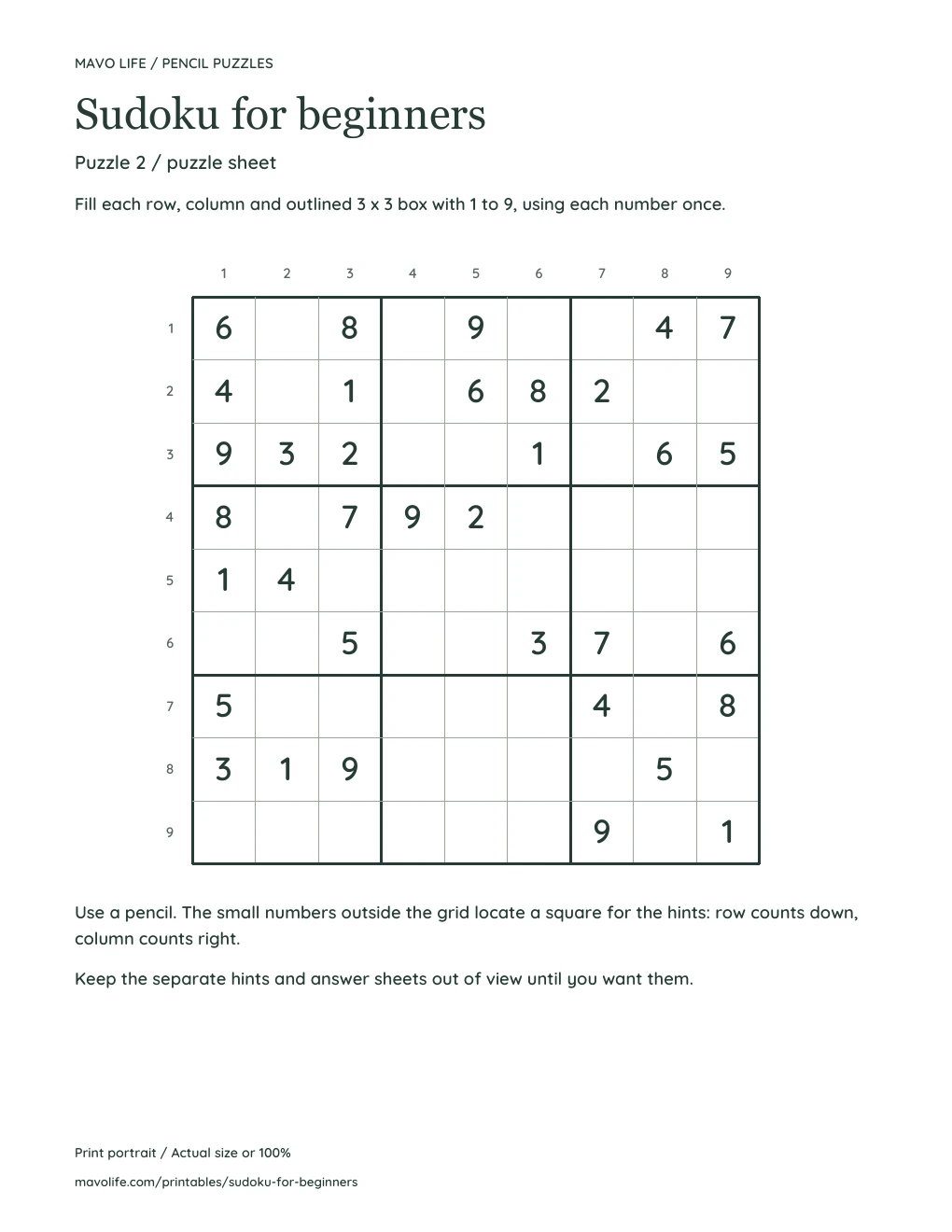 Actual puzzle 2 sheet: a nine by nine Sudoku grid with 35 clues, bold three by three box boundaries and outside row and column numbers.