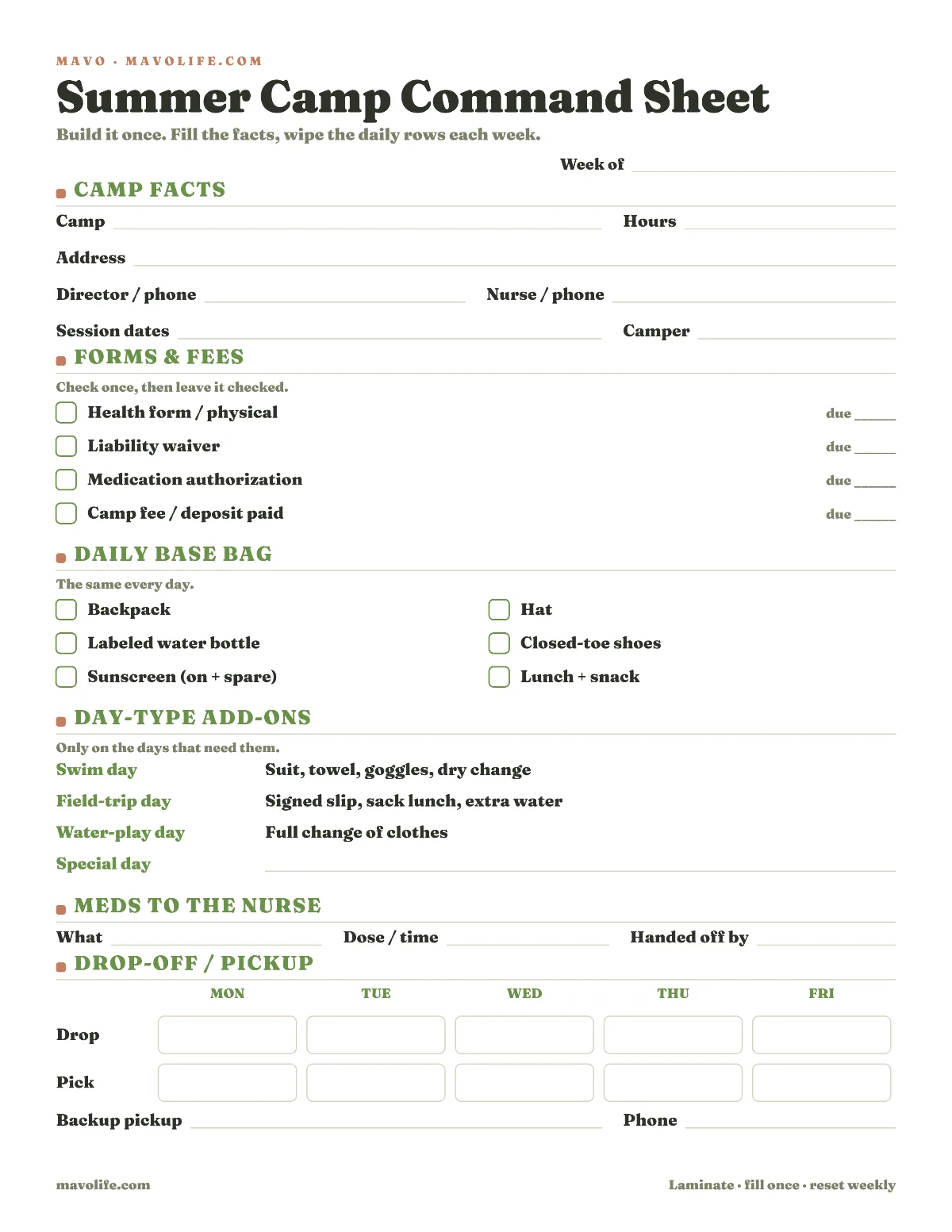 Printable summer camp command sheet: camp facts, forms and fees, a daily bag checklist, day-type add-ons, and a Monday-to-Friday drop-off and pickup grid