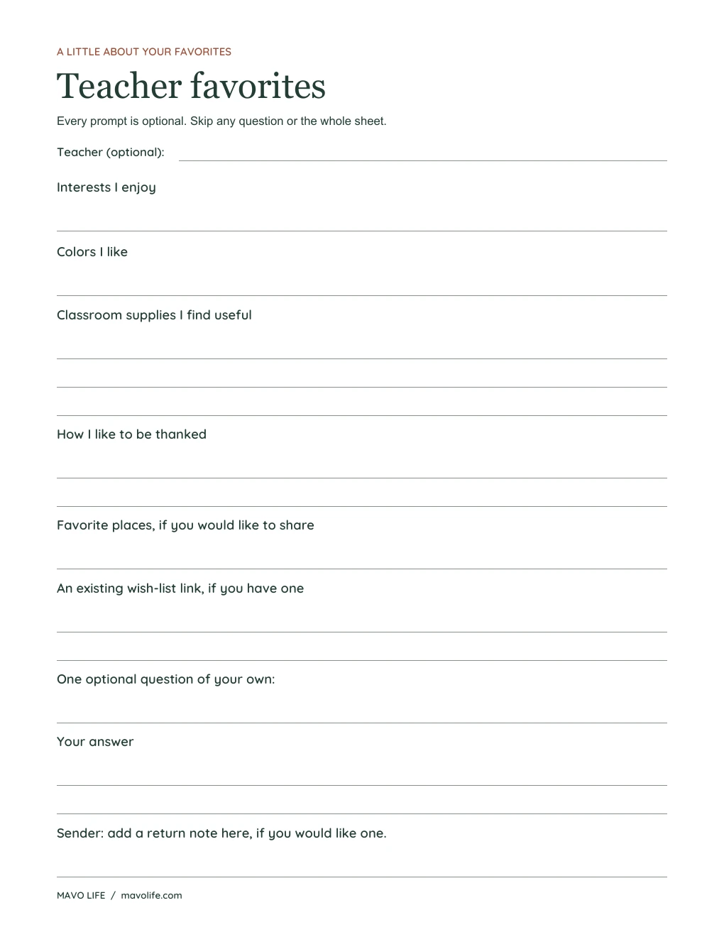US Letter teacher favorites questionnaire with optional prompts for interests, colors, classroom supplies, preferred thanks, places, an existing wish-list link, a custom question, and a return note.