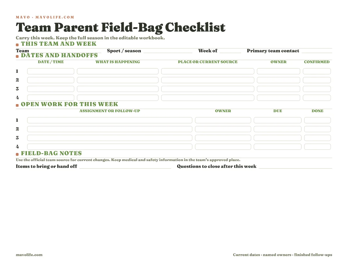 Fillable team parent field-bag checklist with current dates, named owners, open assignments, and field-side notes.