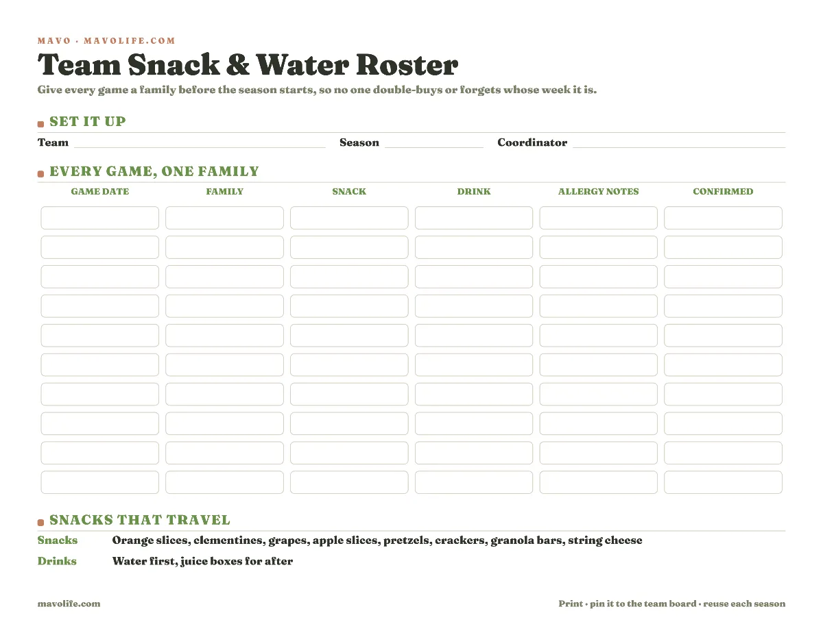 Preview of the Team snack roster printable