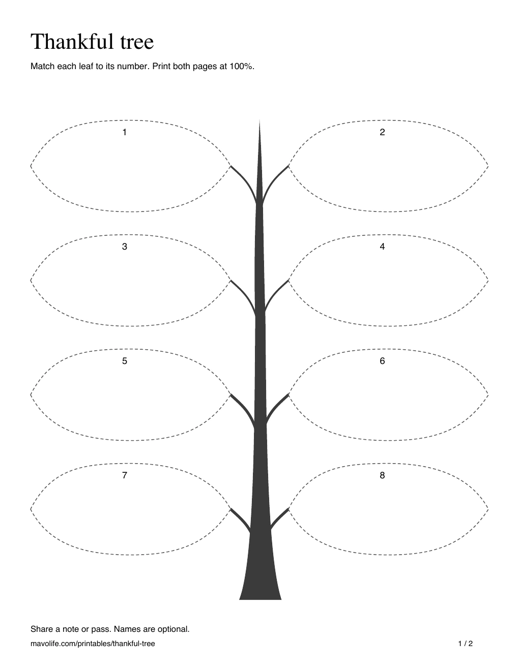 A branching black tree with eight numbered, dashed leaf placement guides in four pairs.
