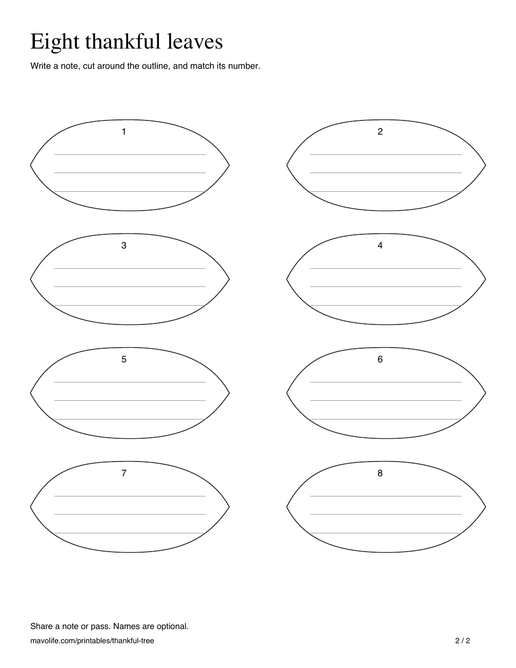 Eight separate blank leaf shapes, numbered one to eight, each with three handwriting lines.