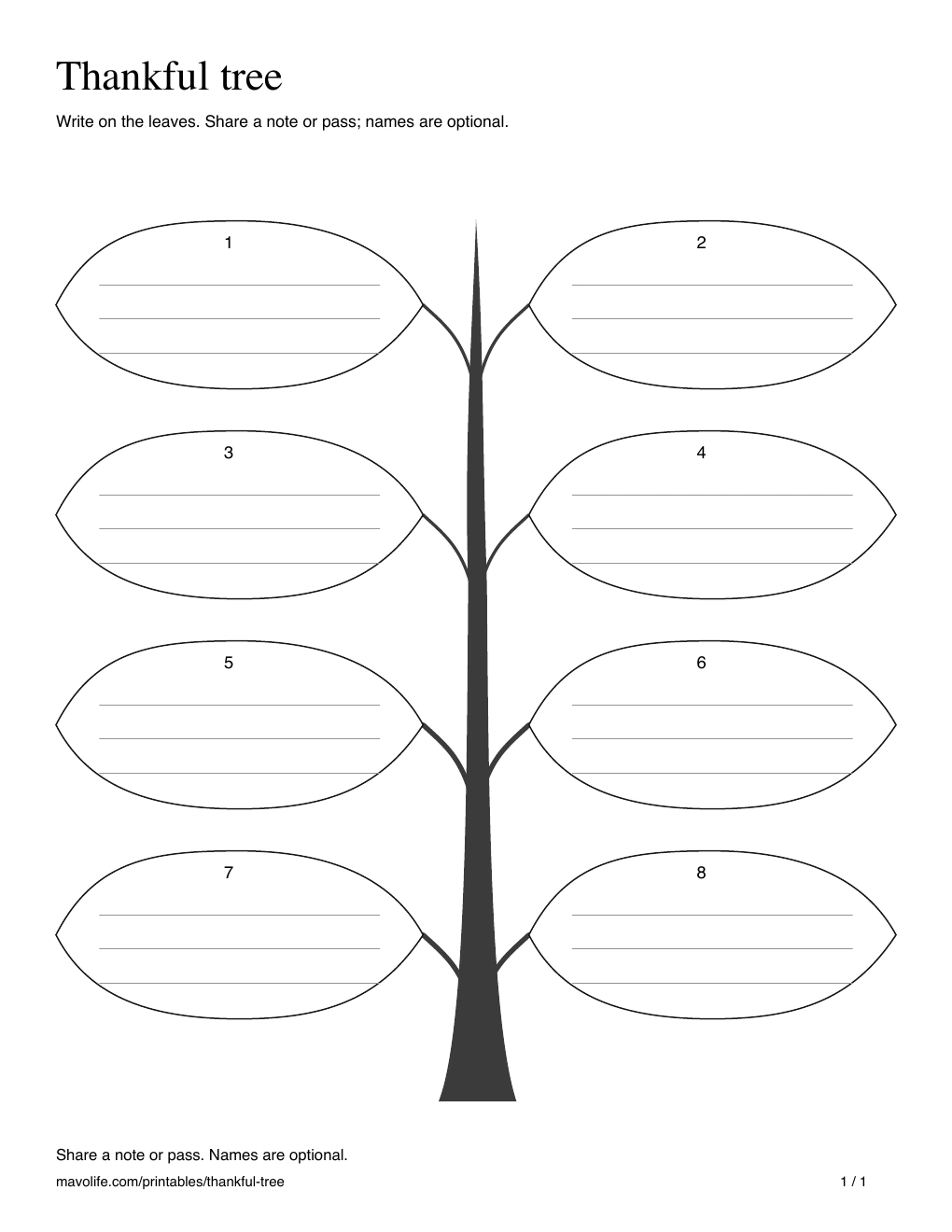 The same eight-leaf tree with three handwriting lines inside each leaf, ready to write on without cutting.