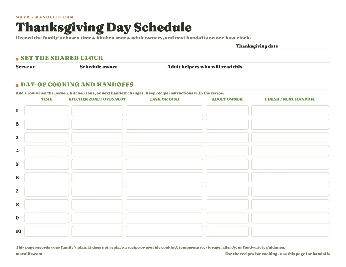 Fillable Thanksgiving day schedule showing its shared-clock header and ten day-of handoff rows.