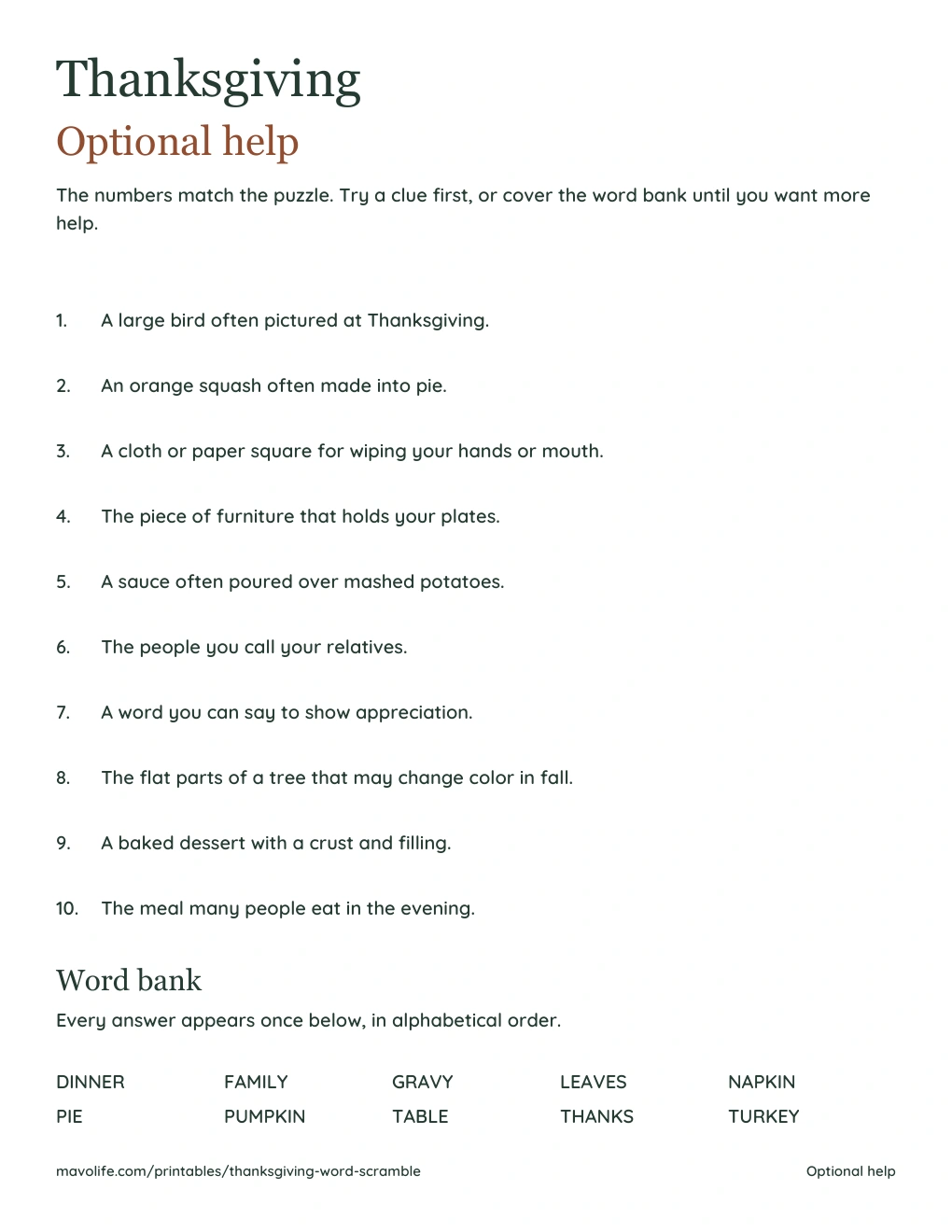 Actual separate help sheet with ten numbered clues and an alphabetical ten-word bank at the bottom.