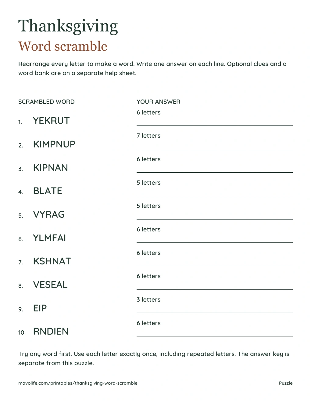 Actual ten-word puzzle with YEKRUT first, KIMPNUP second, a letter count for each answer and wide blank writing lines.