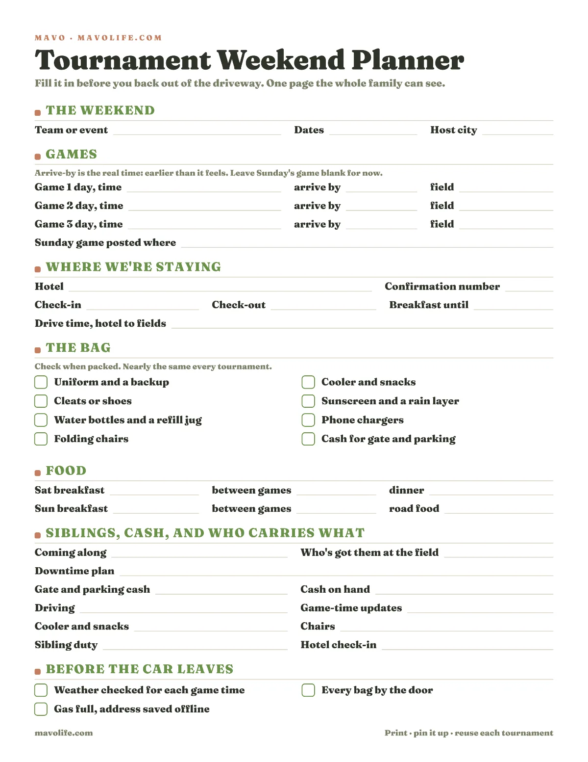 Preview of the Tournament weekend planner printable
