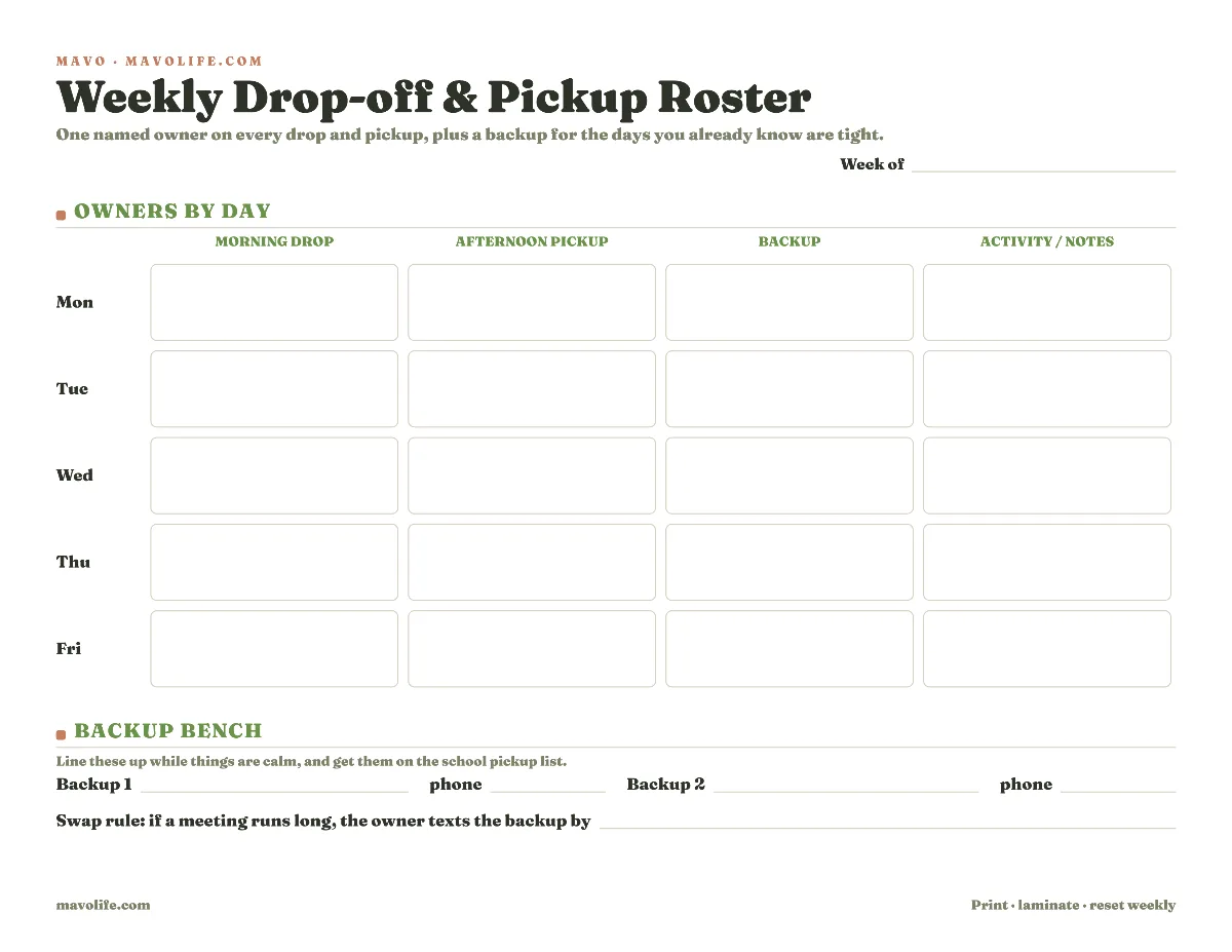 Preview of the Pickup & drop-off roster printable