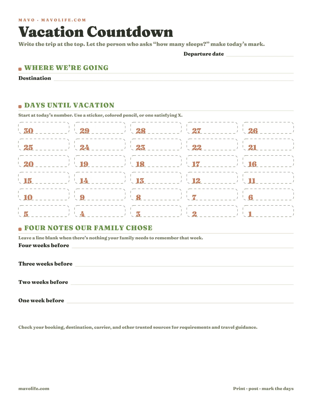 Thirty-day vacation countdown with fillable destination and departure fields, numbered spaces to mark, and four family-written preparation notes