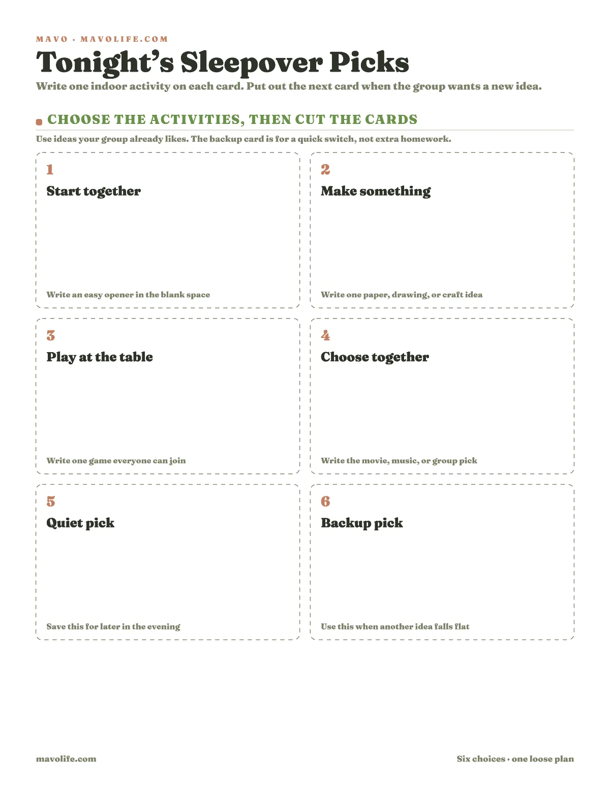 Printable page of six cut-apart sleepover activity cards with an opener, a making activity, a table game, a group choice, a quiet pick and one backup.