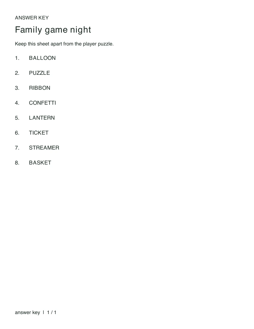 The actual sample answer key with eight numbered intended answers.