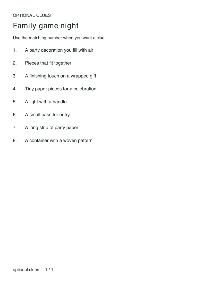 Actual US Letter optional clue sheet from the eight-word example.