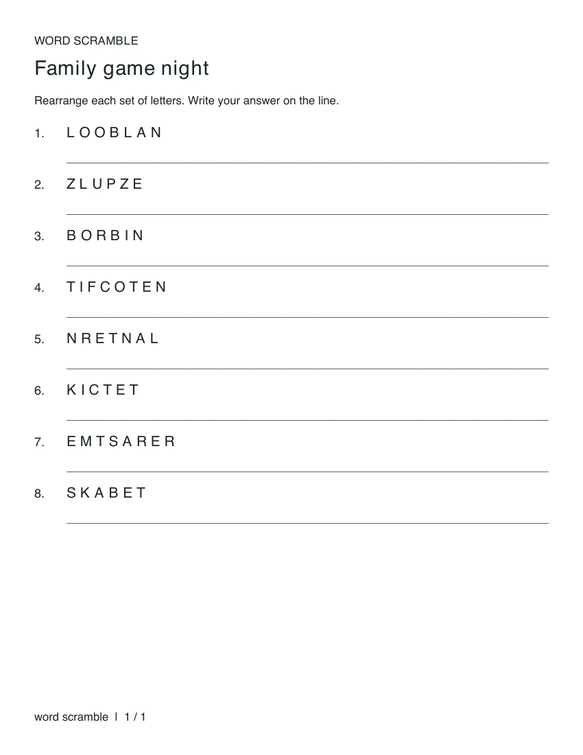 Actual US Letter player puzzle from the eight-word example.