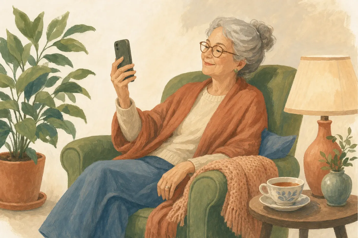 A painted grandmother in an armchair with tea, happily reading the family plan on her phone