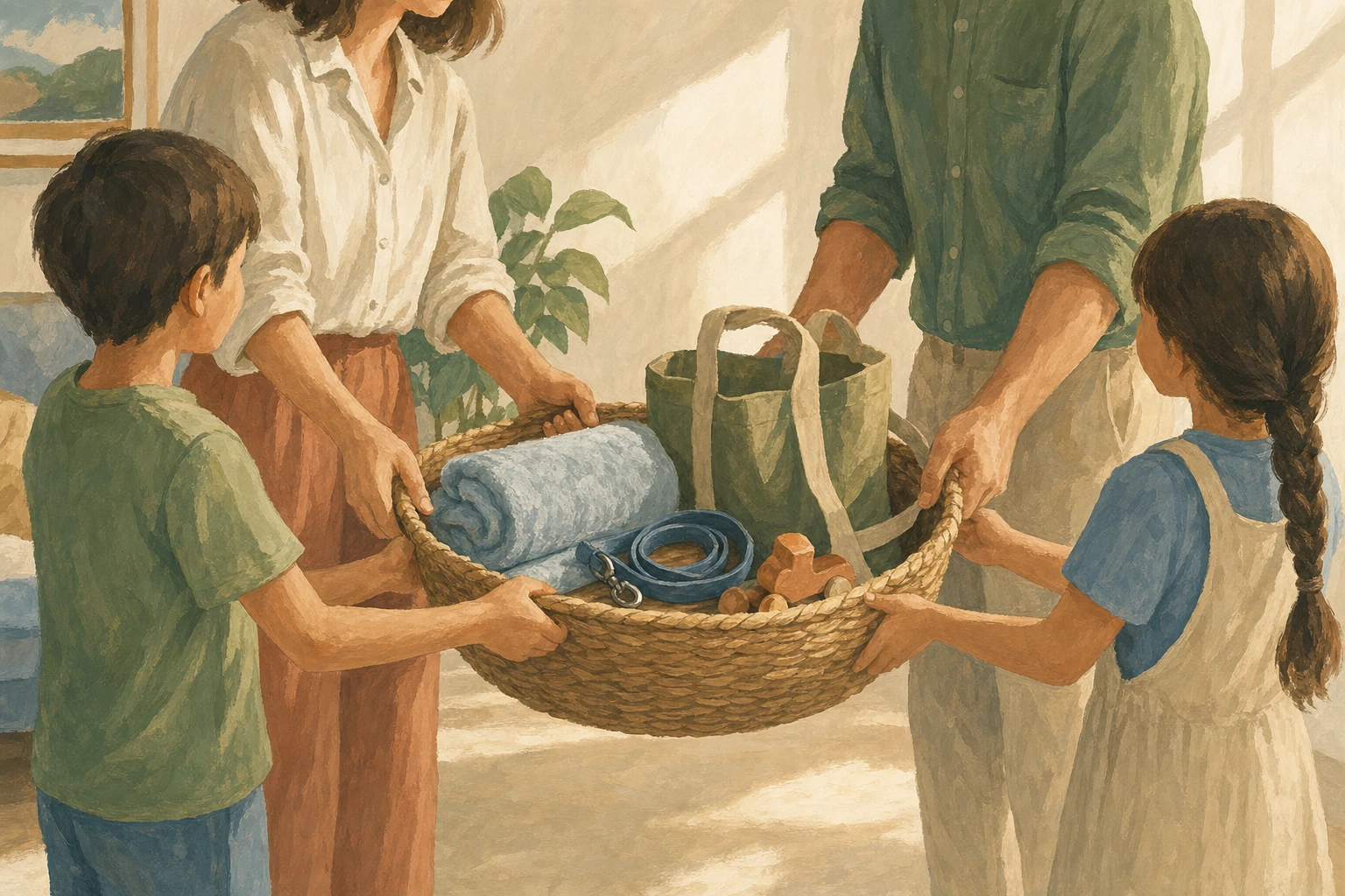 Two adults and two children carry one wide household basket together through a sunlit family room.