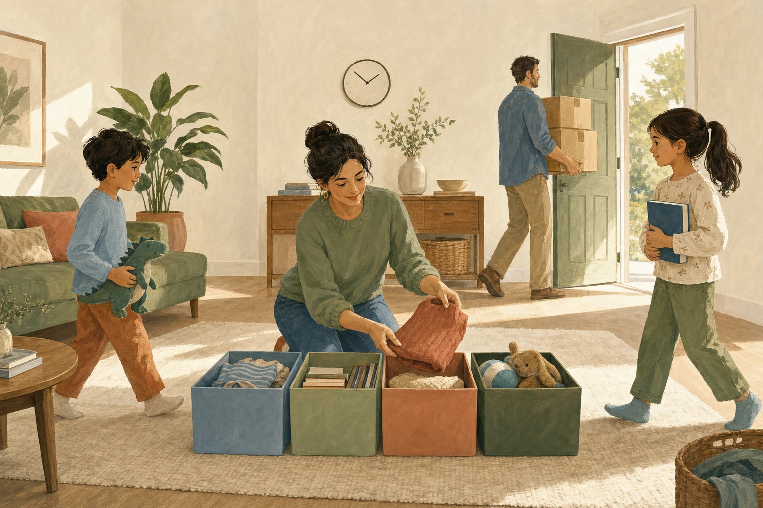 A family works through a declutter day while an adult sorts items and another carries donation boxes toward the door.
