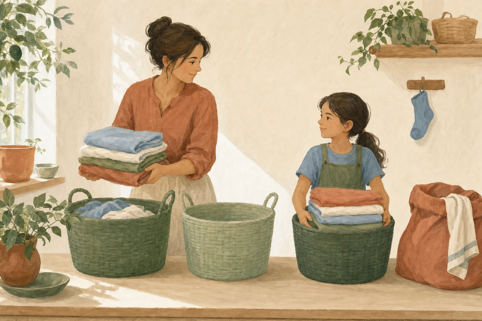 A parent and older child return separate finished laundry stacks to open baskets on a warm laundry-room counter.