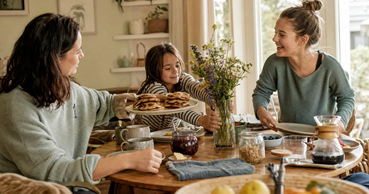 Three family members share pancakes at a sunlit breakfast table while one steadies a tipping jar of flowers.