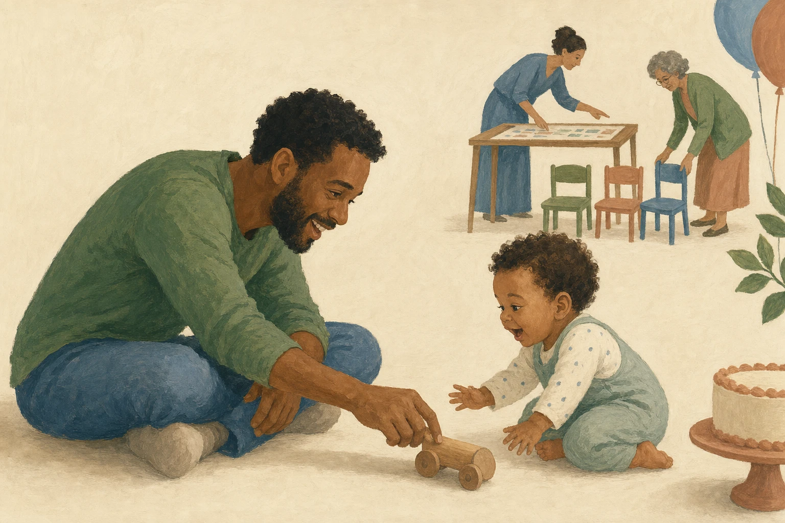 A parent plays with a toddler while two relatives finish first birthday party setup in the background.
