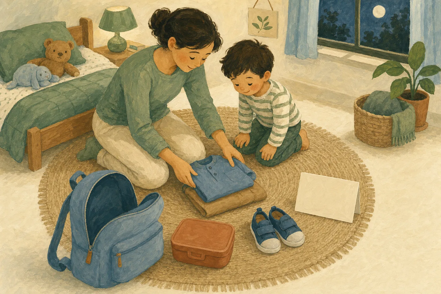 A parent and young child lay out clothes and pack a backpack together before kindergarten.