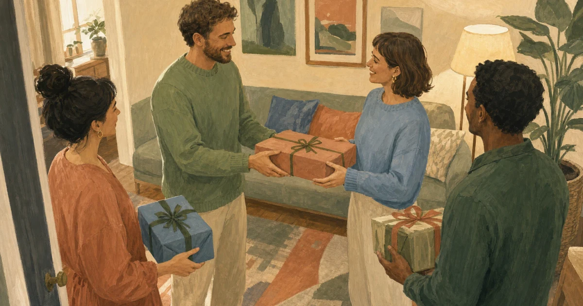 Wrapped gifts move between guests at a small gathering.
