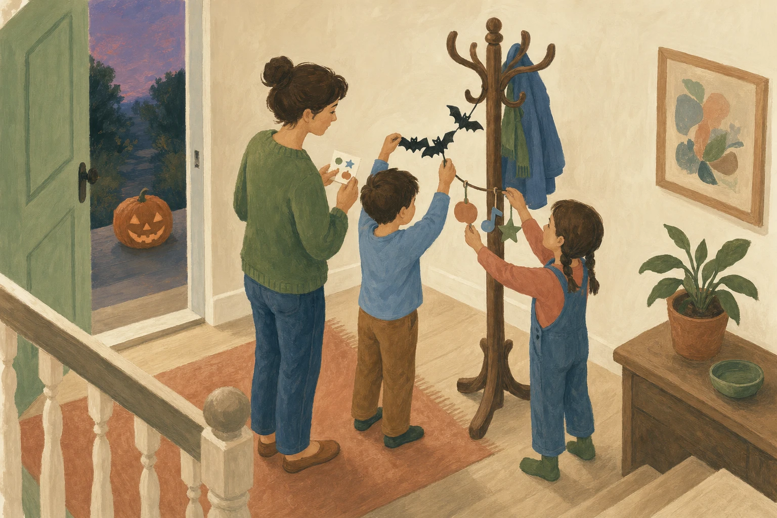 A parent and two children set up a Halloween welcome station while checking the party plan.
