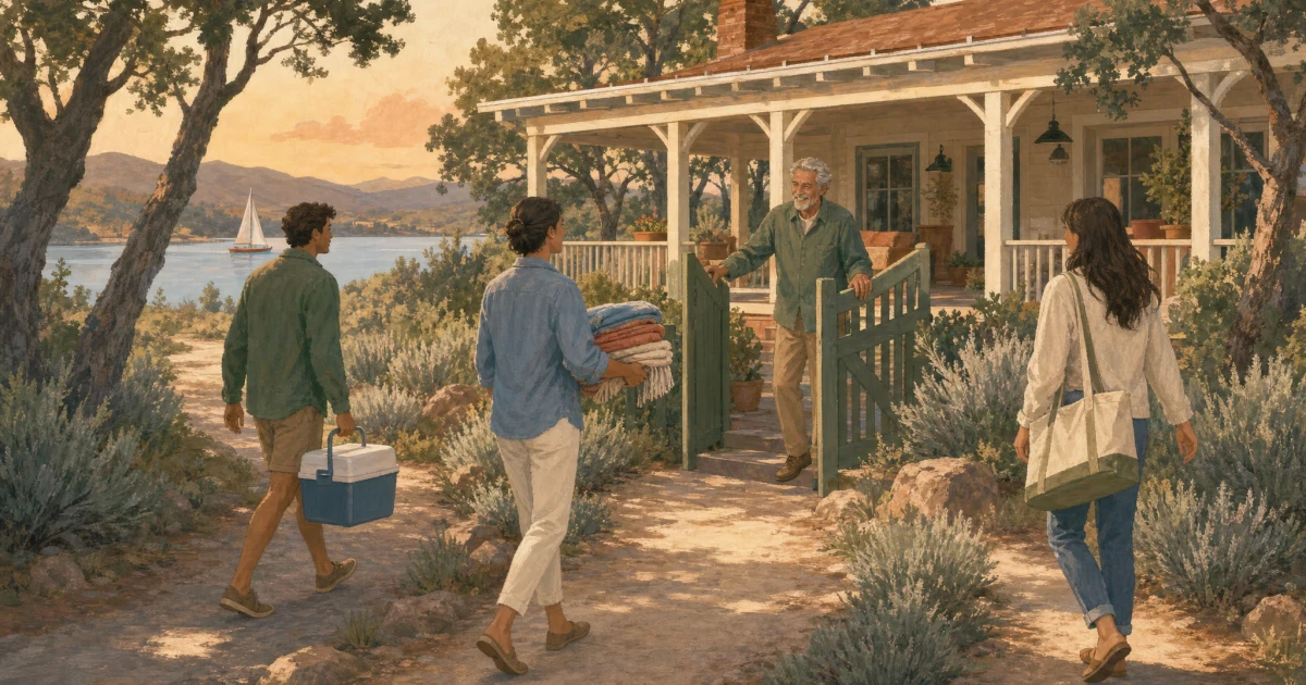 Three adults arrive at a lakeside lodge carrying blankets, a cooler, and a tote while a relative welcomes them through an open gate.