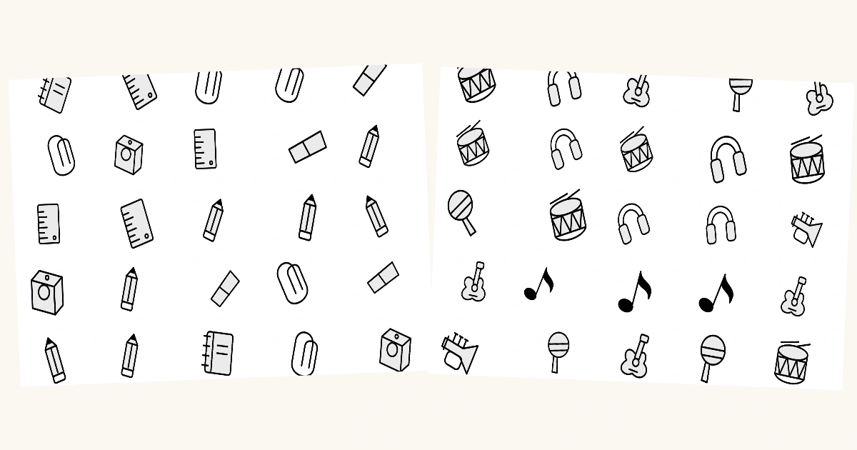 Desk and music puzzle crops with an enlarged pencil and music note.