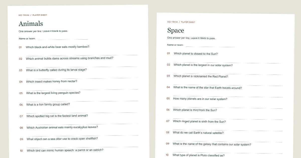 A close view of the actual Animals and Space question sheets, with blank writing lines.