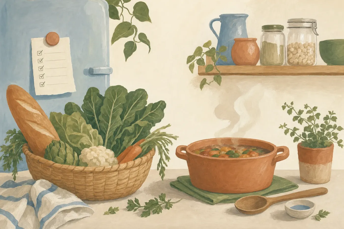 A painted kitchen still life: a basket of groceries, a steaming casserole, and a checked-off list pinned to the fridge