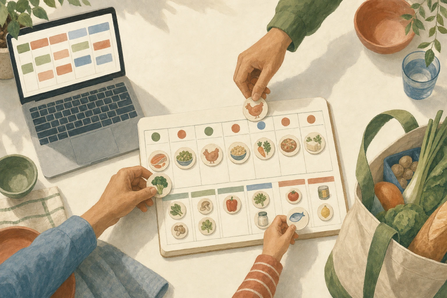 A family moves ingredient tokens between a weekly meal plan and grocery groups at a sunny table.