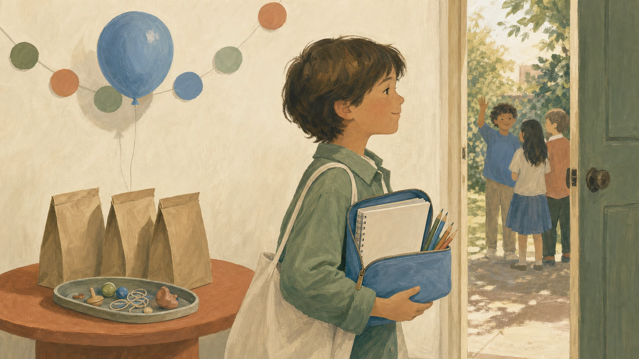 A child leaves a birthday party carrying one creative favor while simple paper bags wait on a side table.