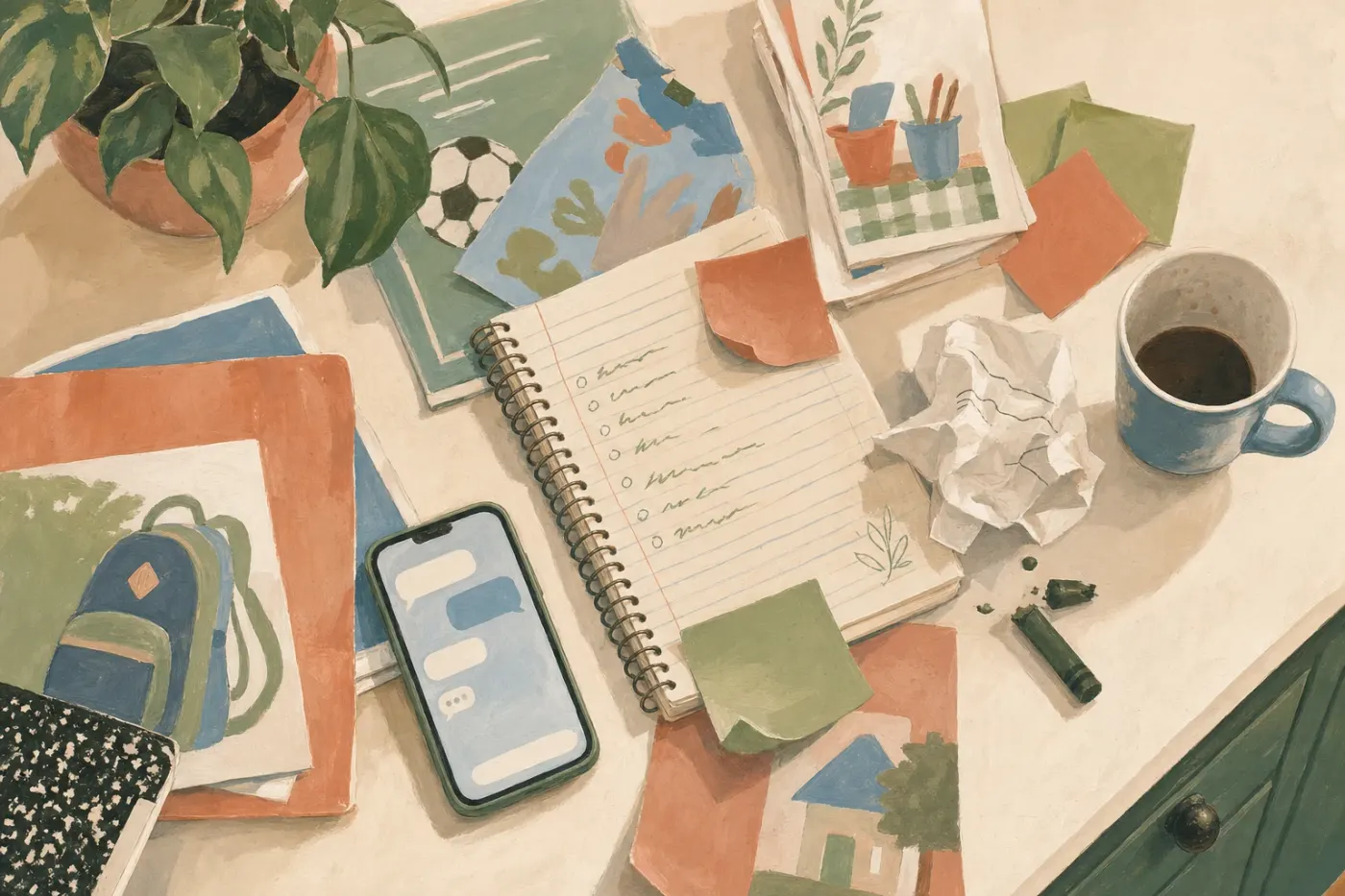 A painted kitchen counter covered with a school flyer, notes, and a phone full of messages