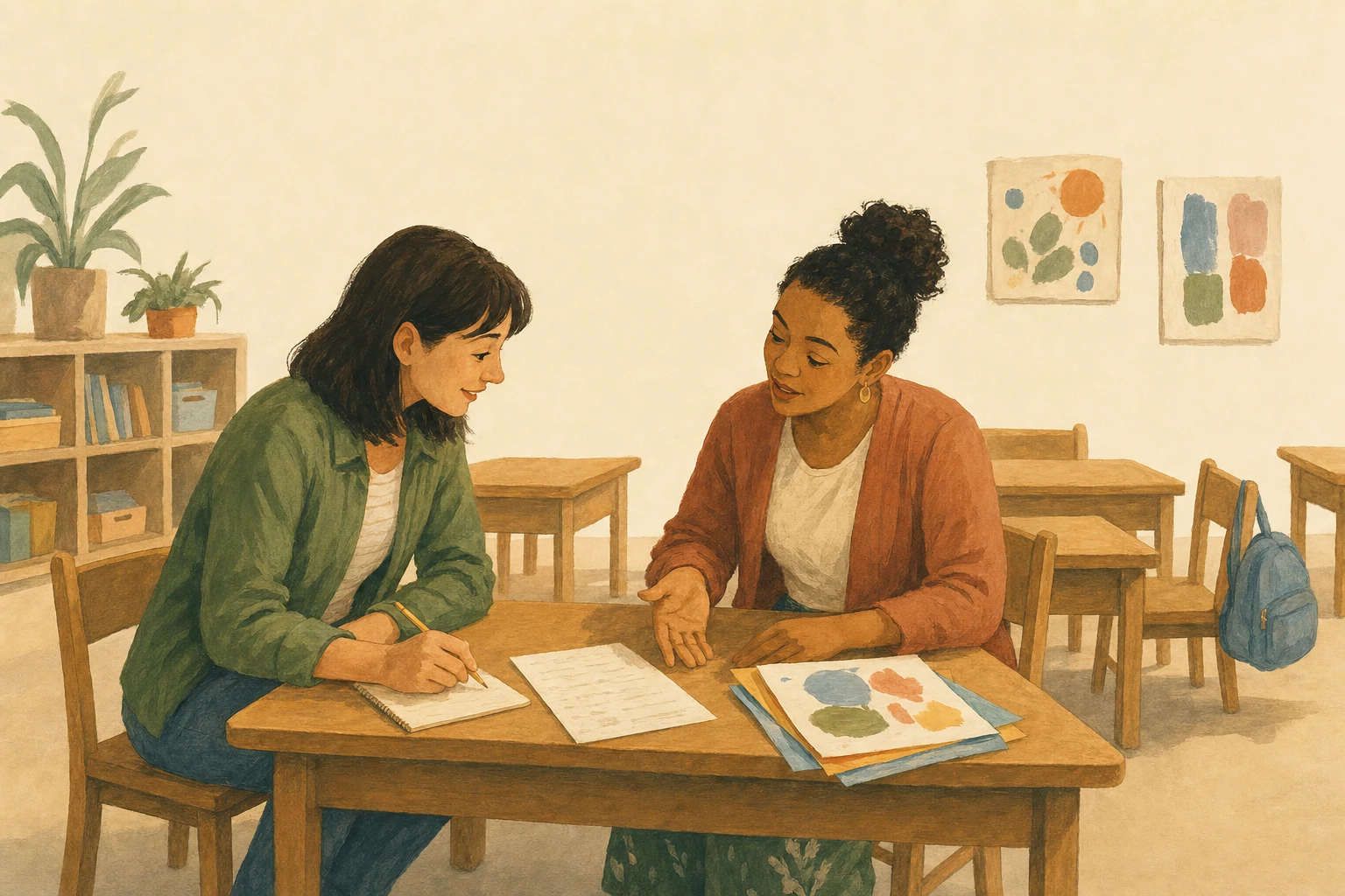 A parent takes notes while speaking with a teacher across a classroom table.