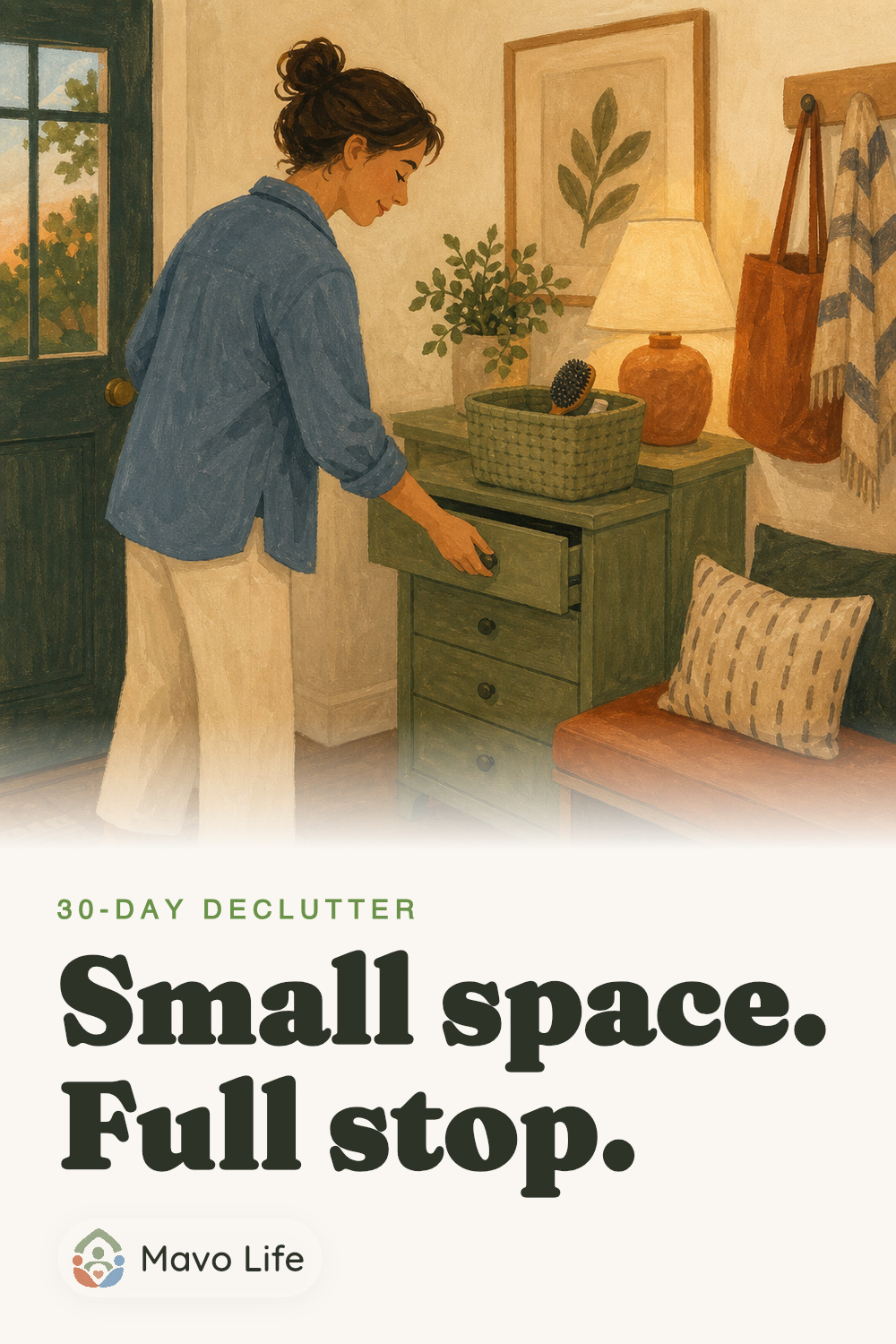 An adult gently closes a small entryway drawer beside a bench and neatly lined shoes. The image reads Small space. Full stop.