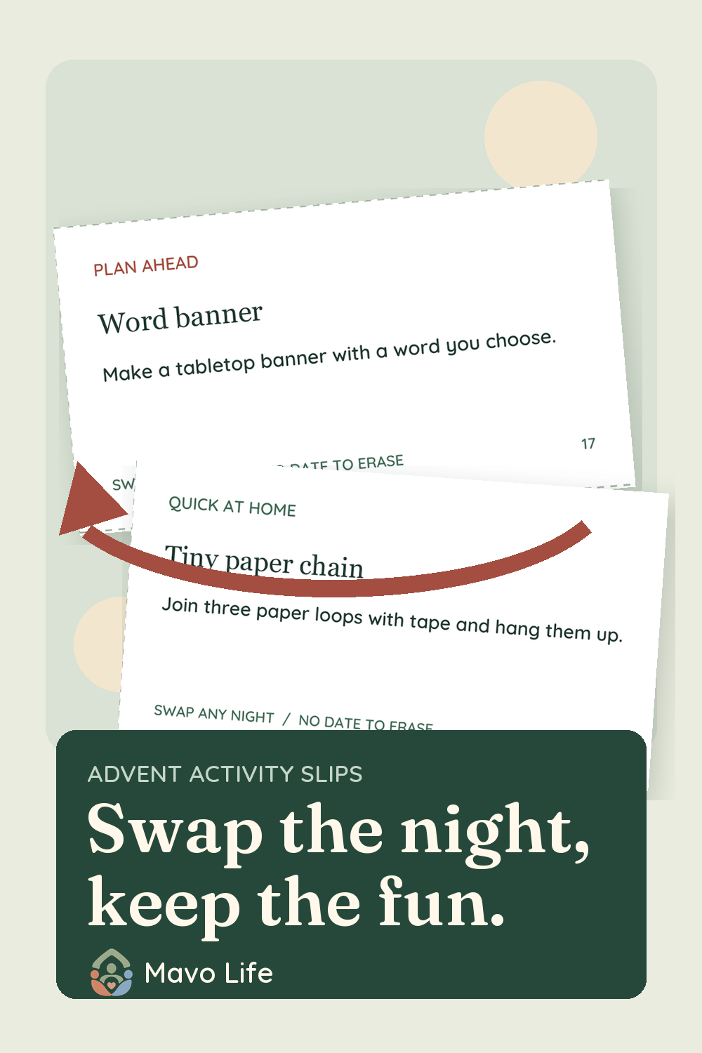An enlarged planned Word banner slip is exchanged for a quick Tiny paper chain slip. The image reads Swap the night, keep the fun.