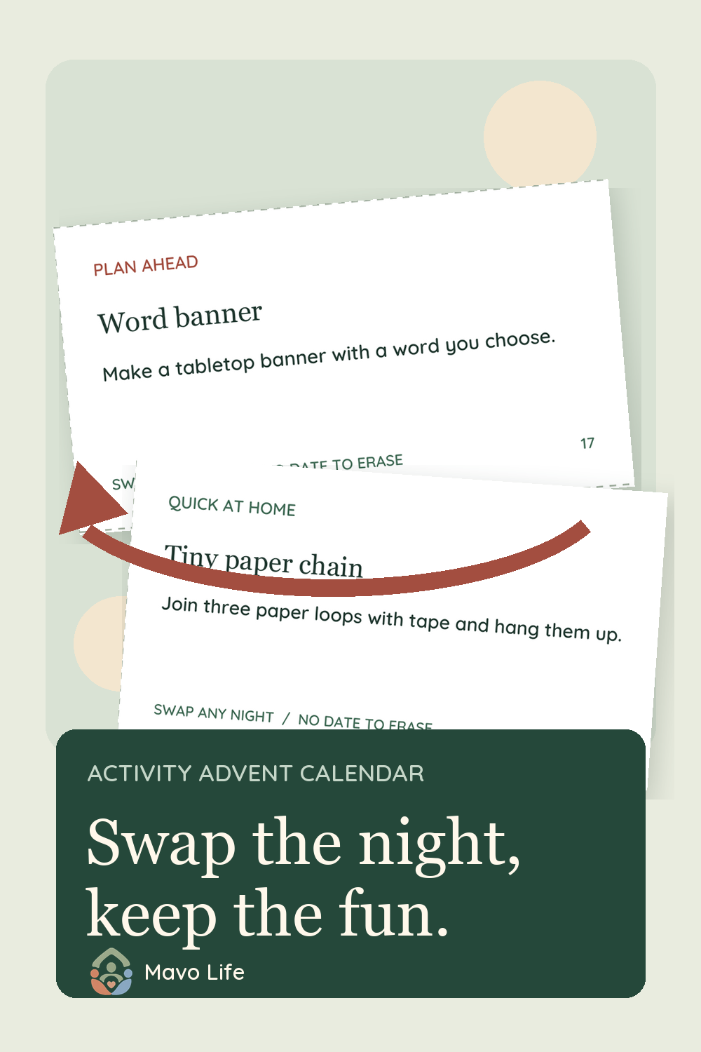 An enlarged planned Word banner slip is exchanged for a quick Tiny paper chain slip. The image reads Swap the night, keep the fun.