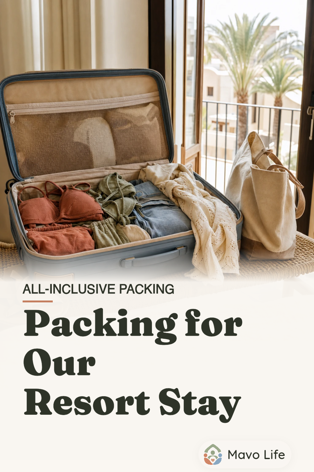 An open suitcase with swimwear, a cover-up, sandals and a tote in a bright resort room. The image reads Packing for Our Resort Stay.