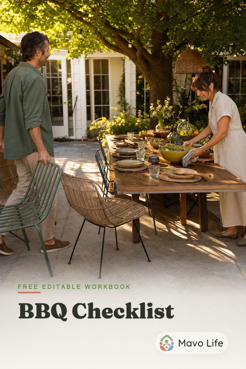 A backyard table is being prepared above the words Free editable workbook and BBQ Checklist.