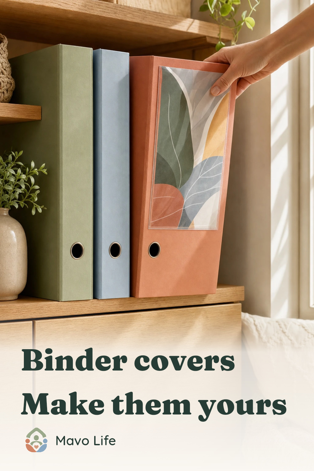 Illustrative shelf of colored binders with the words Binder covers, Make them yours.