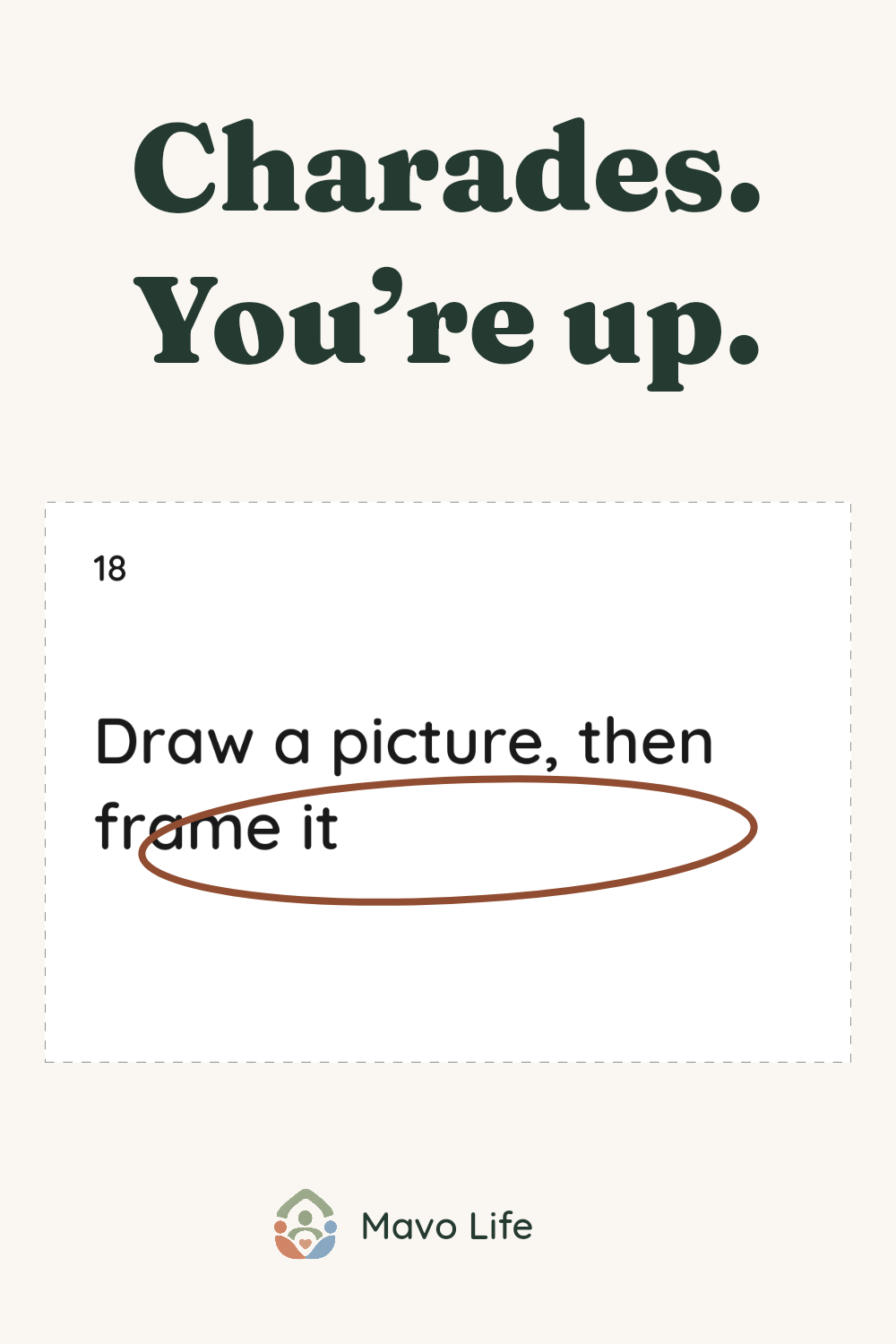 Charades. You’re up. Actual card 18 says Draw a picture, then frame it; the second action is circled as an example.