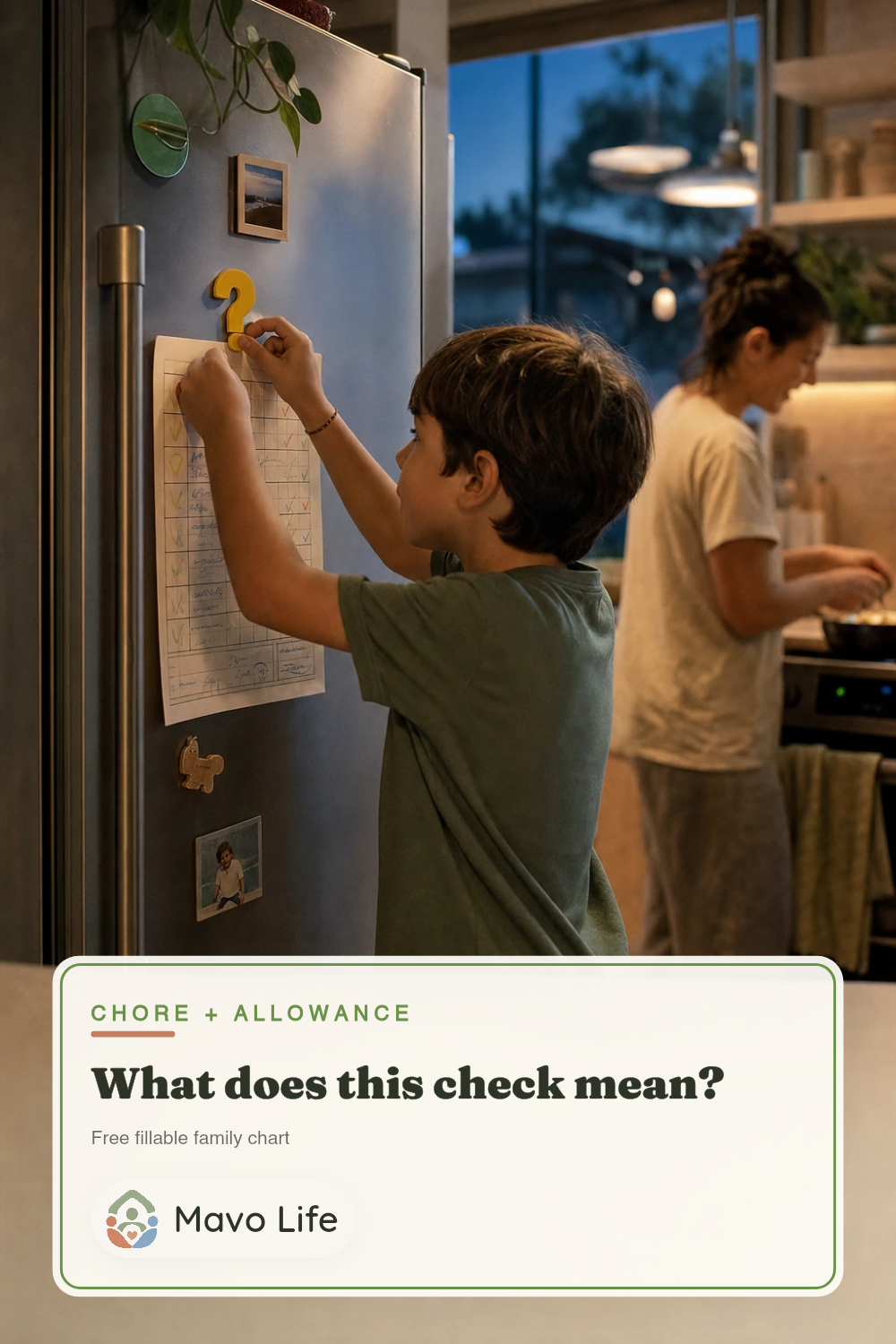 An older child adjusts a yellow question-mark magnet that holds a filled paper on a refrigerator at blue hour. The image reads What does this check mean?
