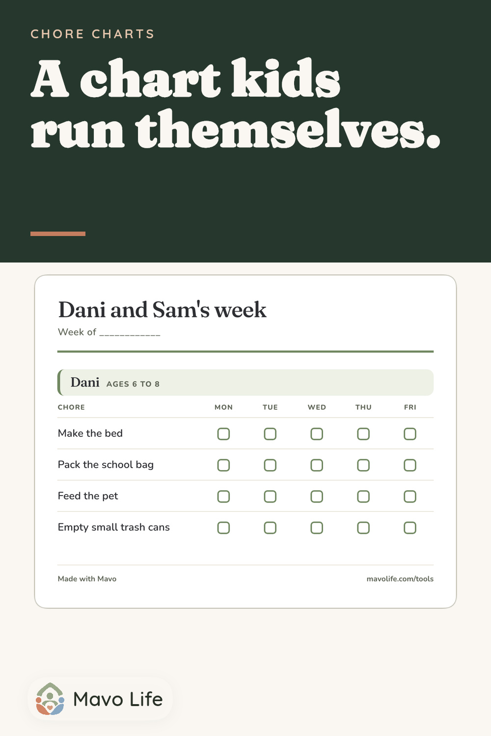 Pin-format image for the free chore chart maker: a school-day chart titled Dani and Sam's week with Monday to Friday checkboxes, under the headline a chart kids run themselves, from mavolife.com